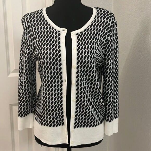 Ann Taylor Sweaters - Ann Taylor Cream Black 3/4 Sleeve Sweater Short Button Cotton Cardigan EUC